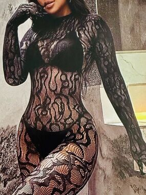 Sheer Black Lace Bodysuit Catsuit - Long Sleeve